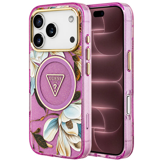 Capa MagSafe para Apple iPhone 18 Pro Max / 17 Pro Max, Guess, IML Metal Glitter Flowers Triangle, Roxa