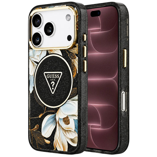 Capa MagSafe para Apple iPhone 18 Pro Max / 17 Pro Max, Guess, IML Metal Glitter Flowers Triangle, Preta