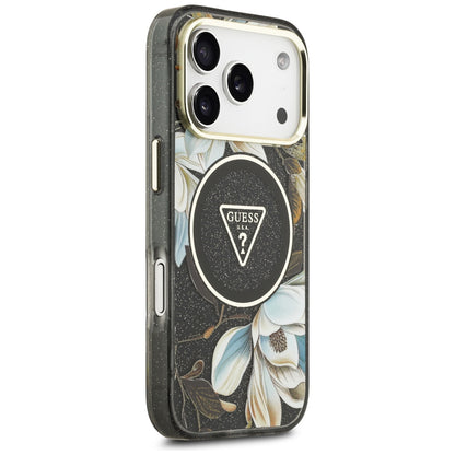 Capa MagSafe para Apple iPhone 18 Pro Max / 17 Pro Max, Guess, IML Metal Glitter Flowers Triangle, Preta
