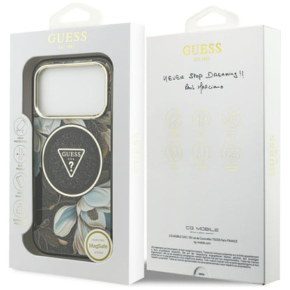 Capa MagSafe para Apple iPhone 18 Pro Max / 17 Pro Max, Guess, IML Metal Glitter Flowers Triangle, Preta