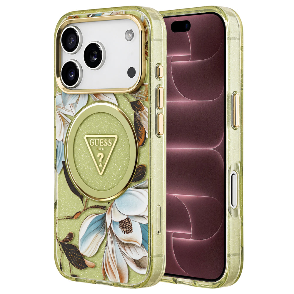Capa MagSafe para Apple iPhone 18 Pro Max / 17 Pro Max, Guess, IML Metal Glitter Flowers Triangle, Verde