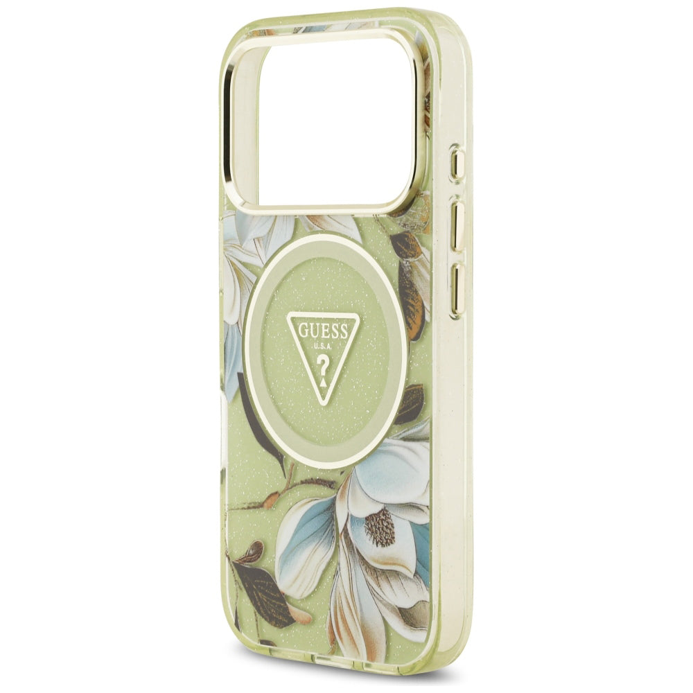 Capa MagSafe para Apple iPhone 18 Pro Max / 17 Pro Max, Guess, IML Metal Glitter Flowers Triangle, Verde