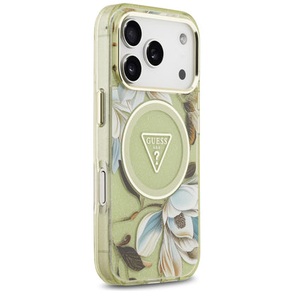 Capa MagSafe para Apple iPhone 18 Pro Max / 17 Pro Max, Guess, IML Metal Glitter Flowers Triangle, Verde