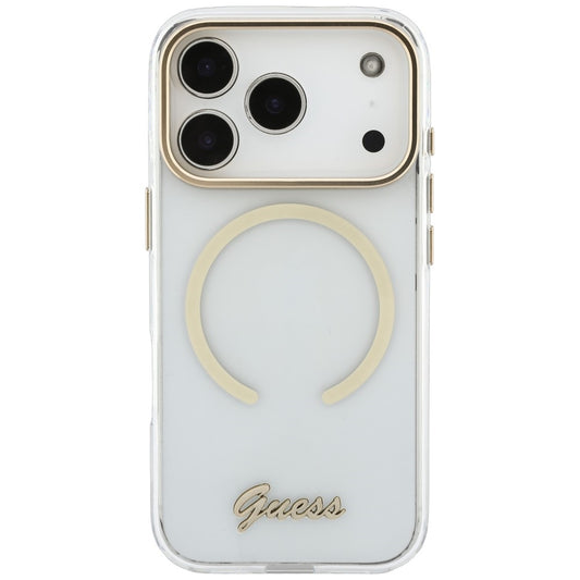 Capa MagSafe para Apple iPhone 18 Pro Max / 17 Pro Max, Guess, IML Script Metal, Transparente