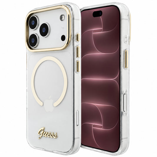 Capa MagSafe para Apple iPhone 18 Pro Max / 17 Pro Max, Guess, IML Script Metal, Transparente
