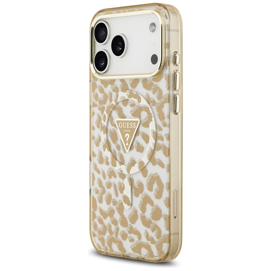 Capa MagSafe para Apple iPhone 18 Pro Max / 17 Pro Max, Guess, Logótipo Triângulo com Brilho Leopardo, Castanho