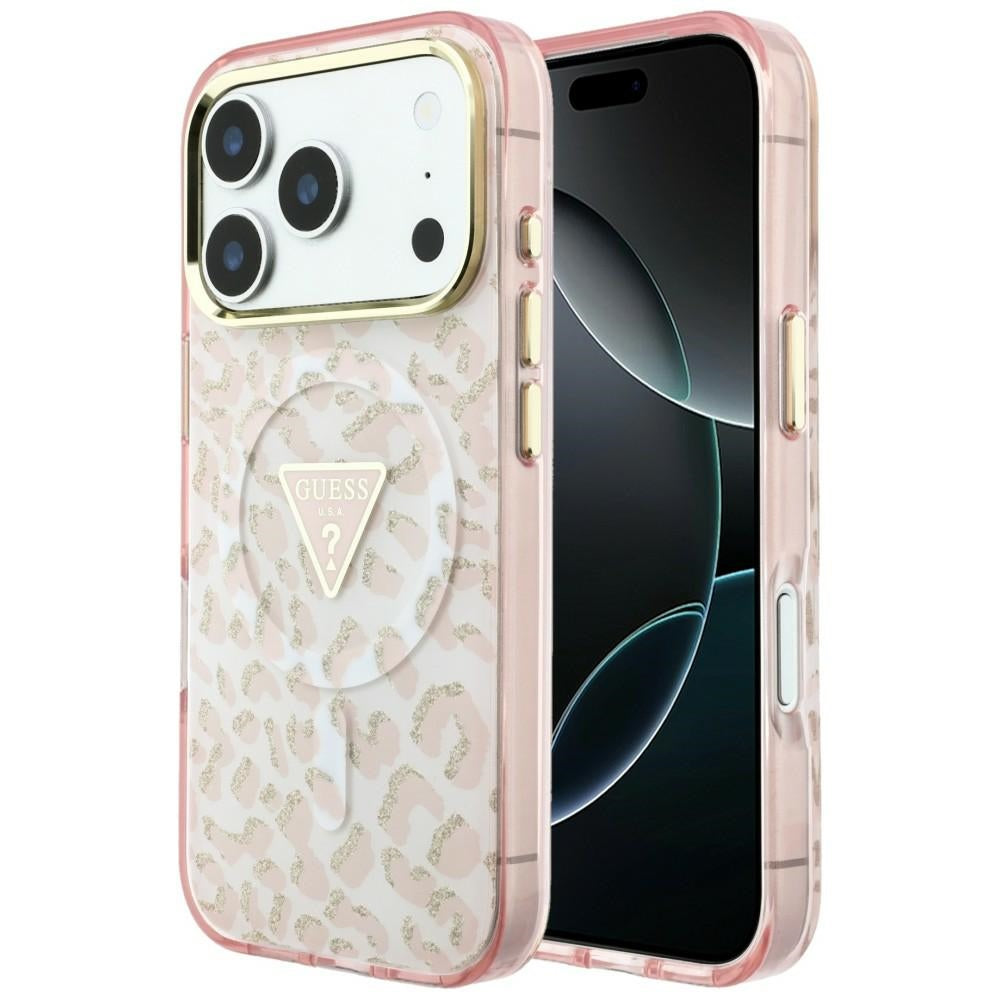 MagSafe Case for Apple iPhone 18 Pro Max / 17 Pro Max, Guess, Leopard Glitter Triangle Logo, Pink