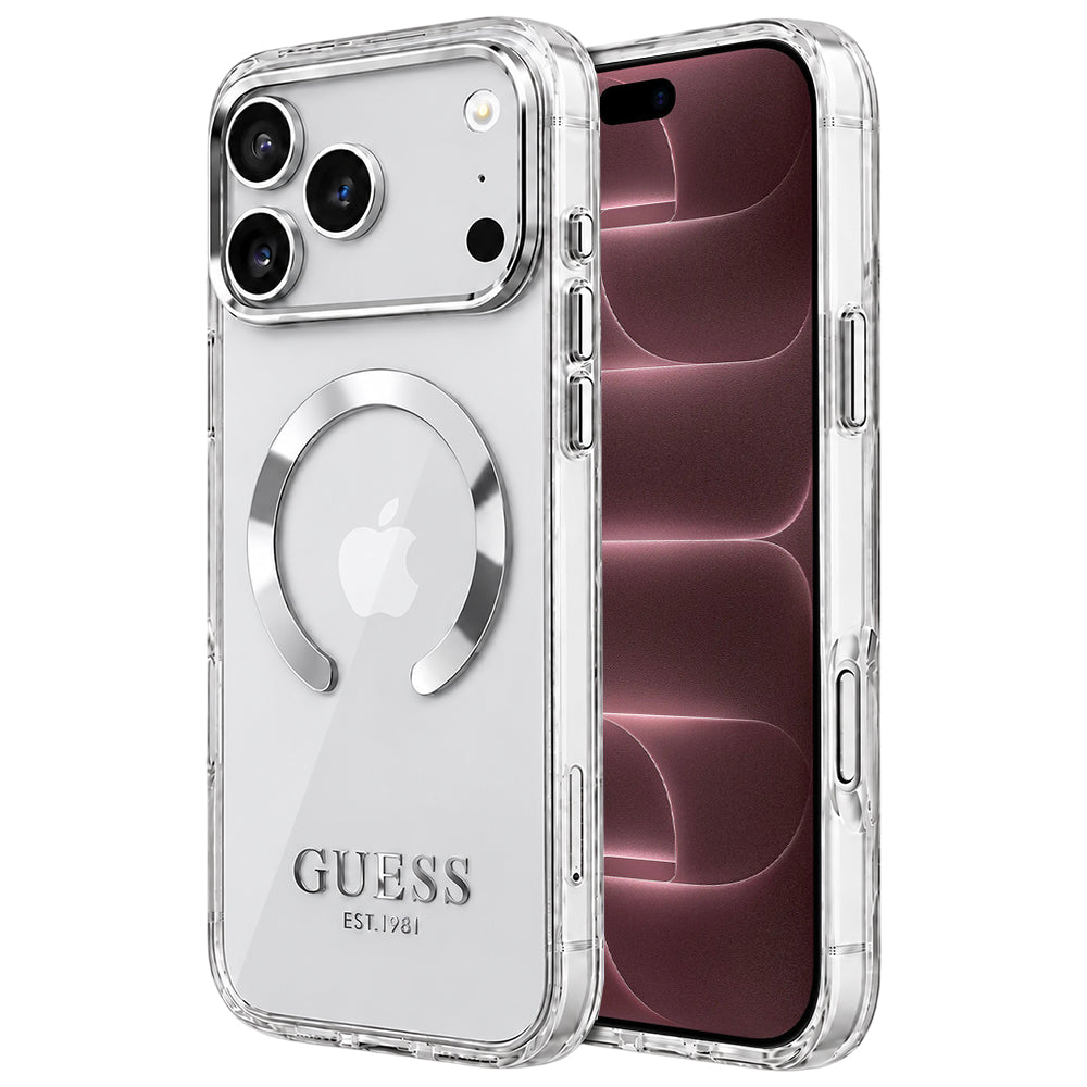 MagSafe Case for Apple iPhone 18 Pro Max / 17 Pro Max, Guess, Metal Outline, Silver