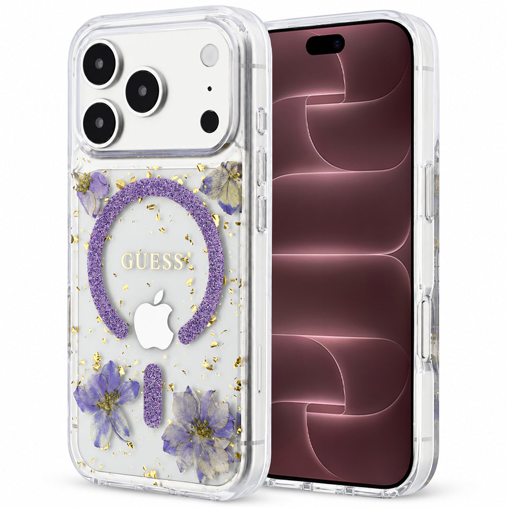 Capa MagSafe para Apple iPhone 18 Pro Max / 17 Pro Max, Guess, Flores de Resina e Glitter, Roxo