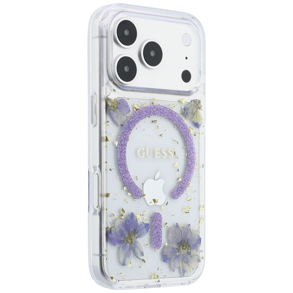 Capa MagSafe para Apple iPhone 18 Pro Max / 17 Pro Max, Guess, Flores de Resina e Glitter, Roxo