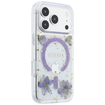 Capa MagSafe para Apple iPhone 18 Pro Max / 17 Pro Max, Guess, Flores de Resina e Glitter, Roxo