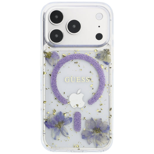 Capa MagSafe para Apple iPhone 18 Pro Max / 17 Pro Max, Guess, Flores de Resina e Glitter, Roxo