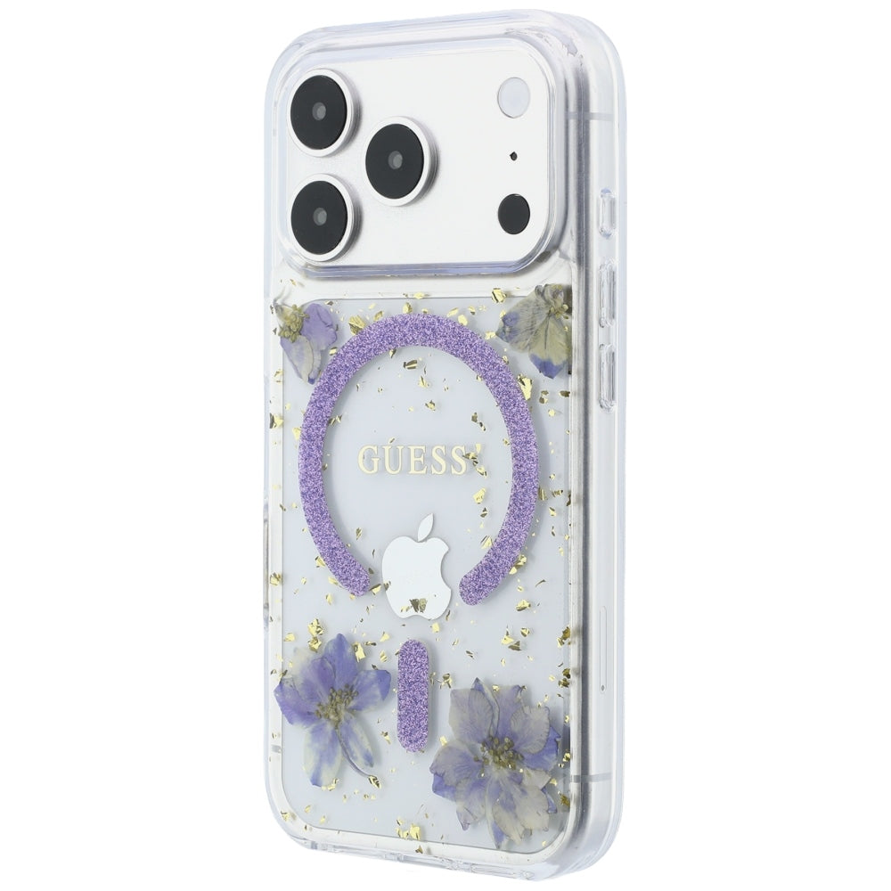 Capa MagSafe para Apple iPhone 18 Pro Max / 17 Pro Max, Guess, Flores de Resina e Glitter, Roxo