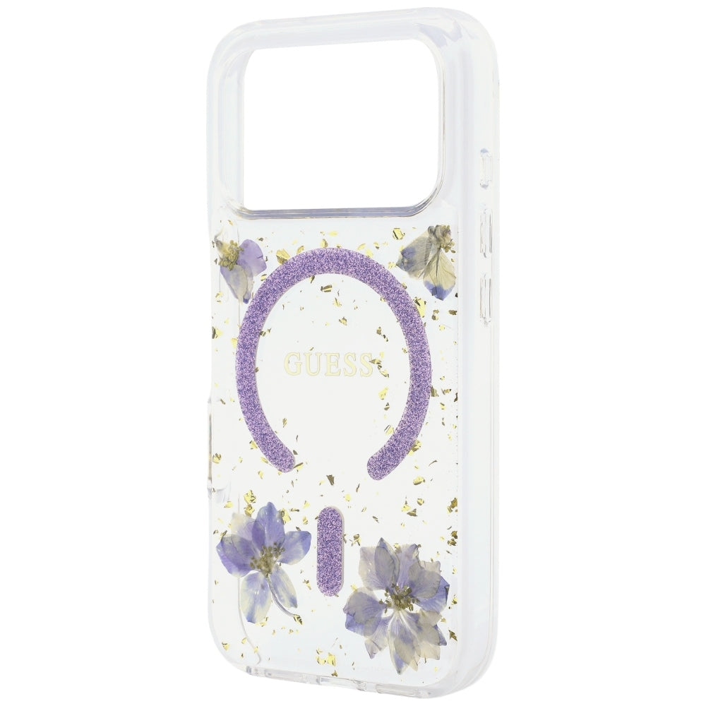 Capa MagSafe para Apple iPhone 18 Pro Max / 17 Pro Max, Guess, Flores de Resina e Glitter, Roxo