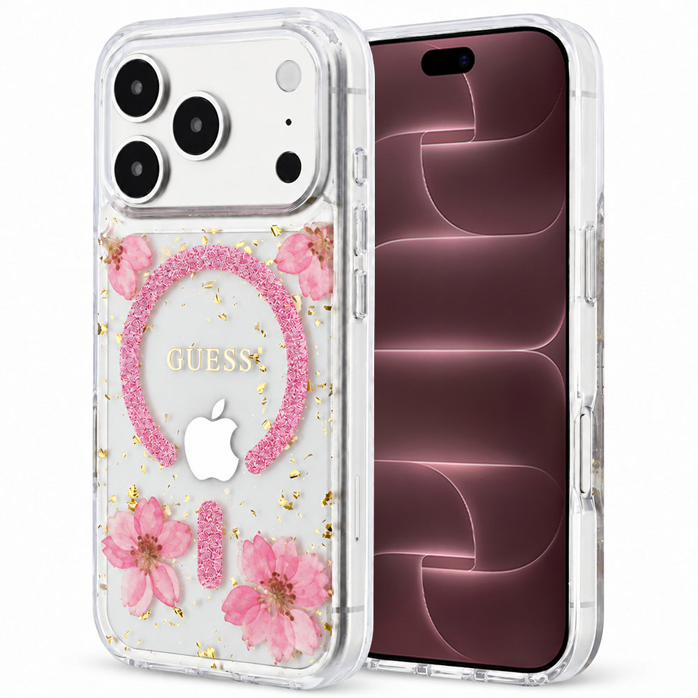 Capa MagSafe para Apple iPhone 18 Pro Max / 17 Pro Max, Guess, Resin Flowers and Glitter, Rosa