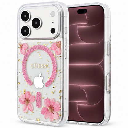 Capa MagSafe para Apple iPhone 18 Pro Max / 17 Pro Max, Guess, Resin Flowers and Glitter, Rosa