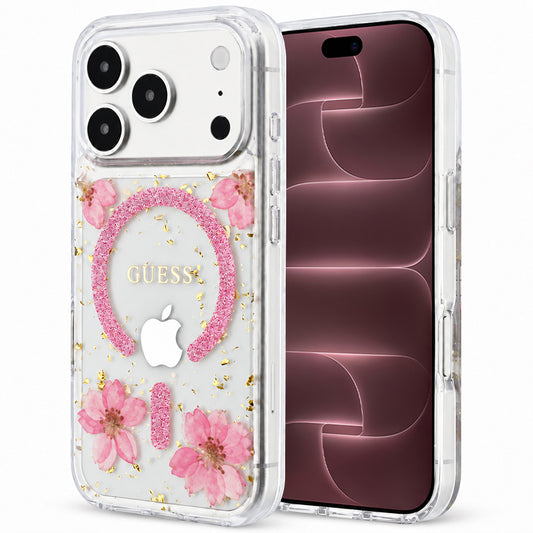 Capa MagSafe para Apple iPhone 18 Pro Max / 17 Pro Max, Guess, Resin Flowers and Glitter, Rosa