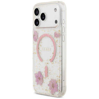 Capa MagSafe para Apple iPhone 18 Pro Max / 17 Pro Max, Guess, Resin Flowers and Glitter, Rosa