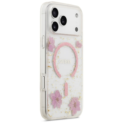 Capa MagSafe para Apple iPhone 18 Pro Max / 17 Pro Max, Guess, Resin Flowers and Glitter, Rosa