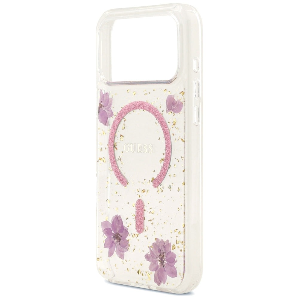Capa MagSafe para Apple iPhone 18 Pro Max / 17 Pro Max, Guess, Resin Flowers and Glitter, Rosa