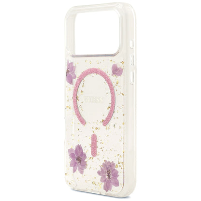 Capa MagSafe para Apple iPhone 18 Pro Max / 17 Pro Max, Guess, Resin Flowers and Glitter, Rosa