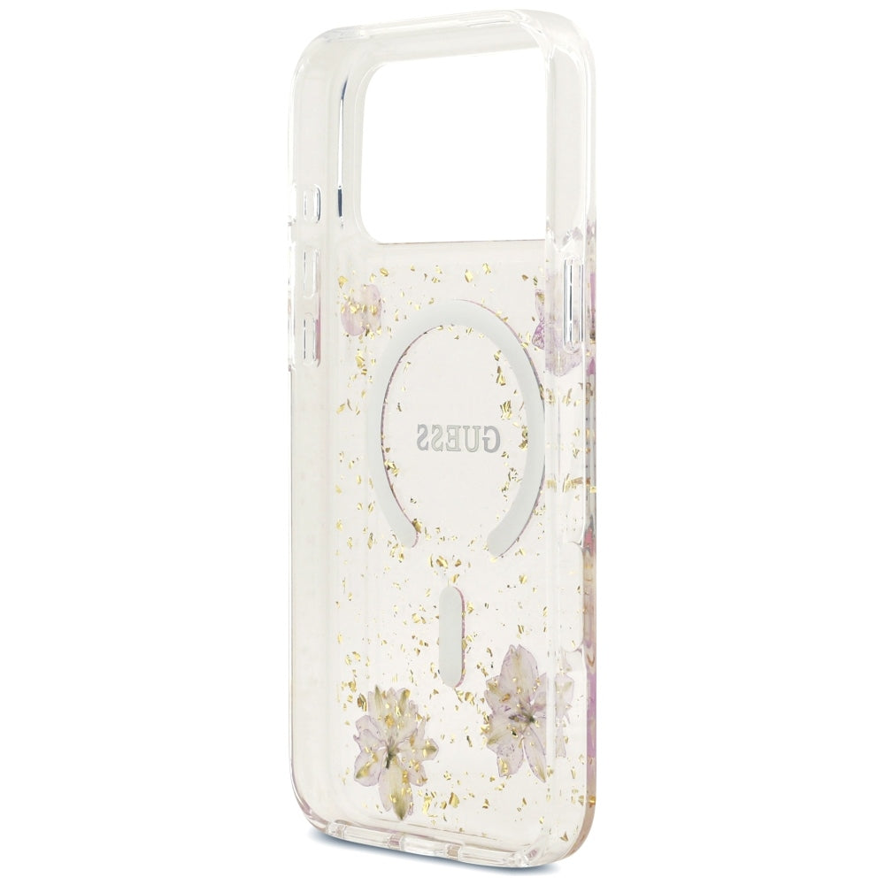 Capa MagSafe para Apple iPhone 18 Pro Max / 17 Pro Max, Guess, Resin Flowers and Glitter, Rosa