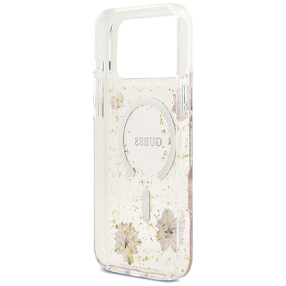 Capa MagSafe para Apple iPhone 18 Pro Max / 17 Pro Max, Guess, Resin Flowers and Glitter, Rosa