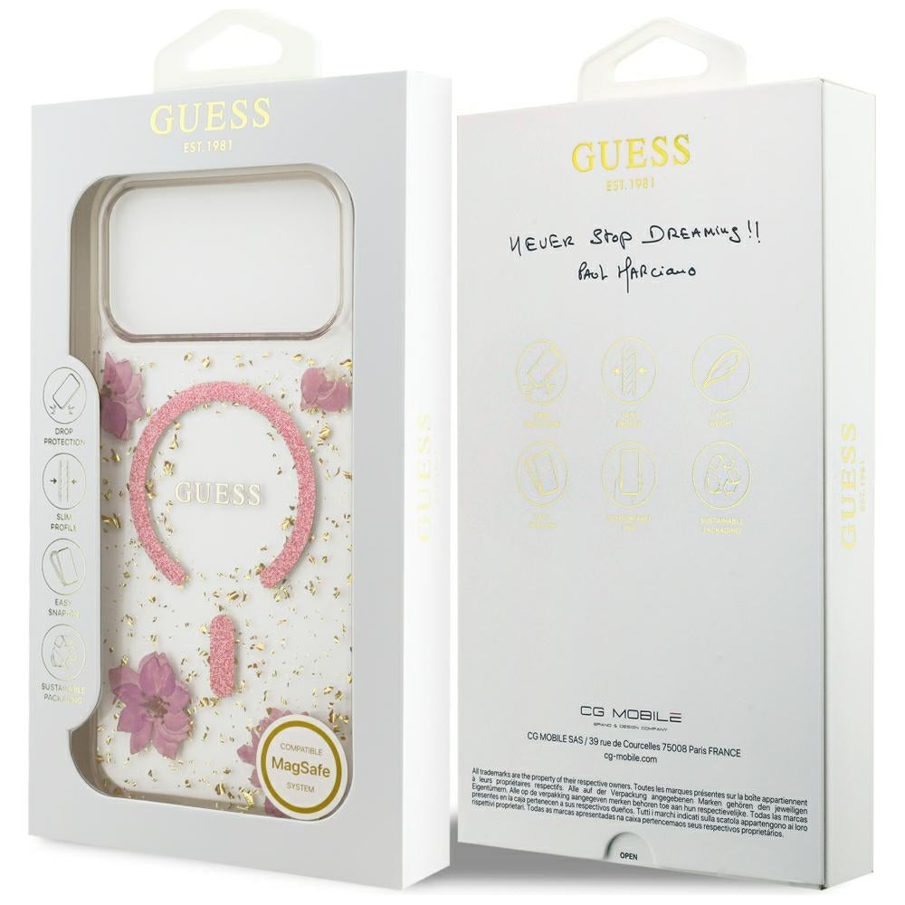 Capa MagSafe para Apple iPhone 18 Pro Max / 17 Pro Max, Guess, Resin Flowers and Glitter, Rosa