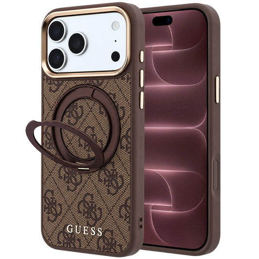 Capa MagSafe para Apple iPhone 18 Pro Max / 17 Pro Max, Guess, Ring Stand 360 4G Classic Logo, Castanha