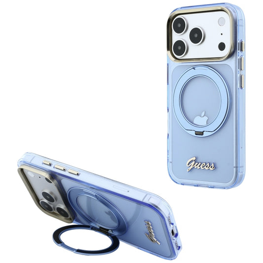 Capa MagSafe para Apple iPhone 18 Pro Max / 17 Pro Max, Guess, Suporte de Anel Script Metal Logo, Azul