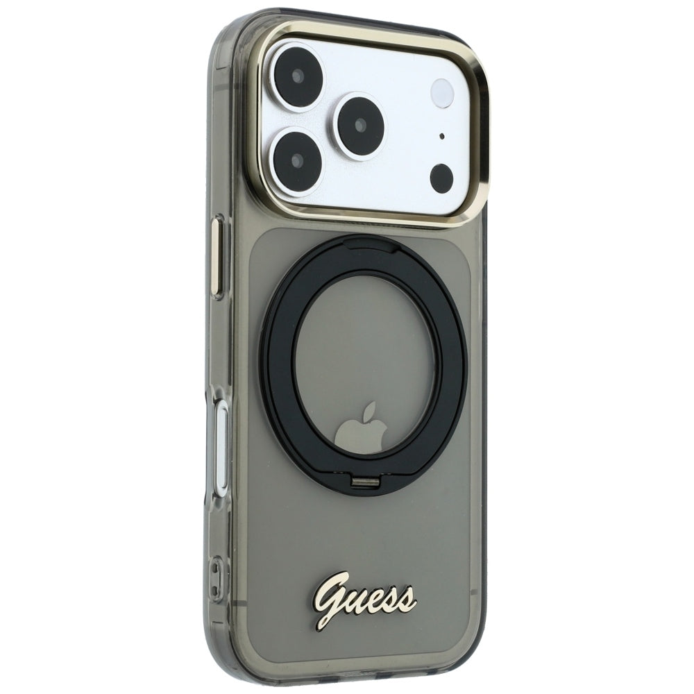 Capa MagSafe para Apple iPhone 18 Pro Max / 17 Pro Max, Guess, Suporte de Anel Script Metal Logo, Preta