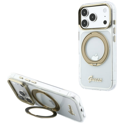 Capa MagSafe para Apple iPhone 18 Pro Max / 17 Pro Max, Guess, Suporte Anelar Script Metal Logo, Transparente