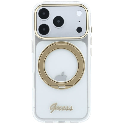 Capa MagSafe para Apple iPhone 18 Pro Max / 17 Pro Max, Guess, Suporte Anelar Script Metal Logo, Transparente