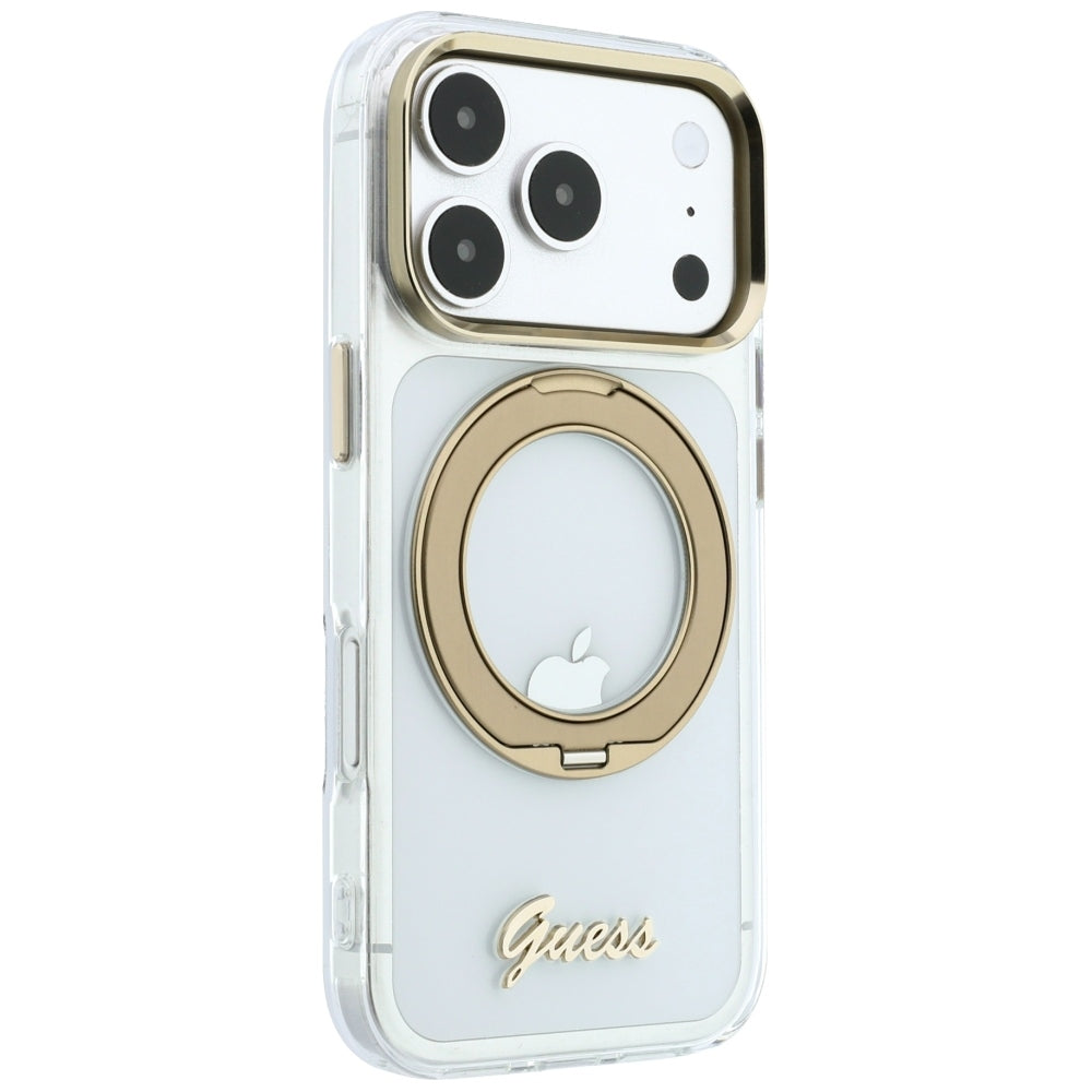 Capa MagSafe para Apple iPhone 18 Pro Max / 17 Pro Max, Guess, Suporte Anelar Script Metal Logo, Transparente