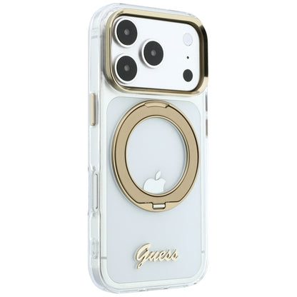 Capa MagSafe para Apple iPhone 18 Pro Max / 17 Pro Max, Guess, Suporte Anelar Script Metal Logo, Transparente