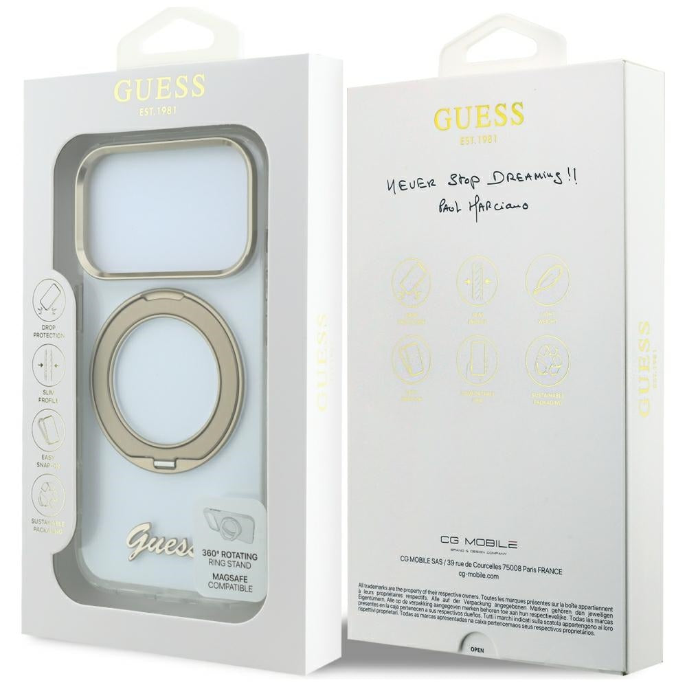 Capa MagSafe para Apple iPhone 18 Pro Max / 17 Pro Max, Guess, Suporte Anelar Script Metal Logo, Transparente