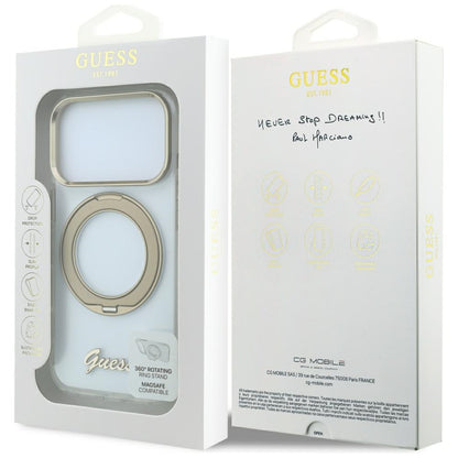 Capa MagSafe para Apple iPhone 18 Pro Max / 17 Pro Max, Guess, Suporte Anelar Script Metal Logo, Transparente