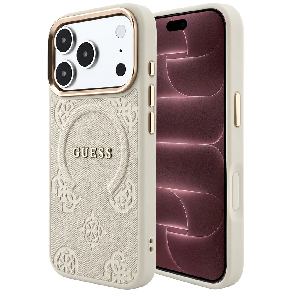 Capa MagSafe para Apple iPhone 18 Pro Max / 17 Pro Max, Guess, Saffiano Peony Hot Stamp, Bege