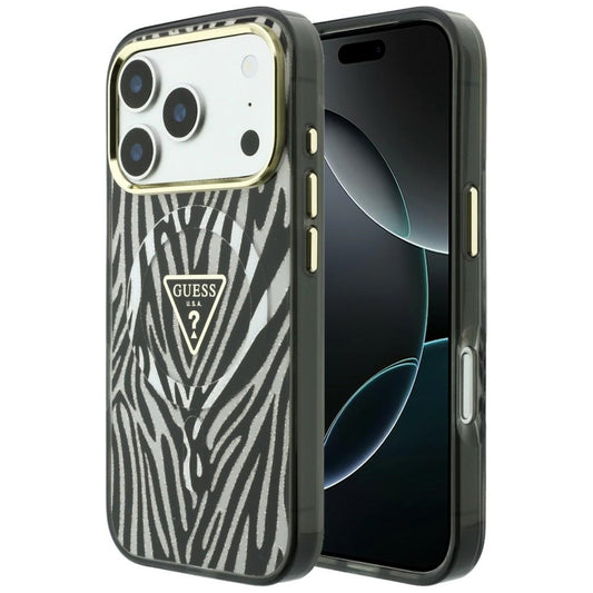 Capa MagSafe para Apple iPhone 18 Pro Max / 17 Pro Max, Guess, Logo Triângulo Glitter Zebra, Prateada