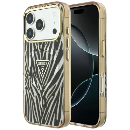 Capa MagSafe para Apple iPhone 18 Pro Max / 17 Pro Max, Guess, Logo Triângulo Glitter Zebra, Dourada