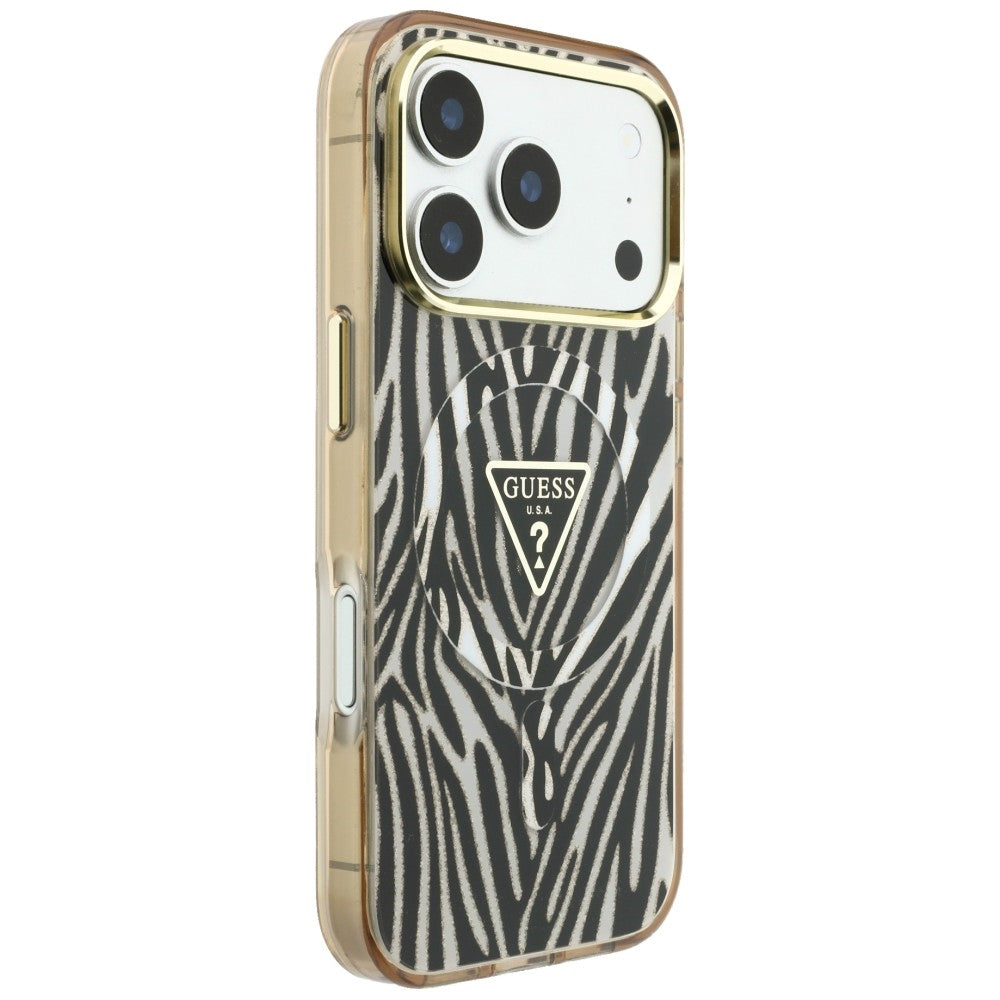 Capa MagSafe para Apple iPhone 18 Pro Max / 17 Pro Max, Guess, Logo Triângulo Glitter Zebra, Dourada