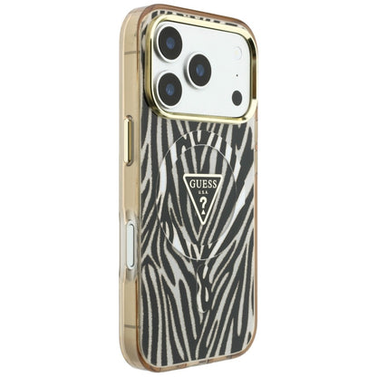 Capa MagSafe para Apple iPhone 18 Pro Max / 17 Pro Max, Guess, Logo Triângulo Glitter Zebra, Dourada