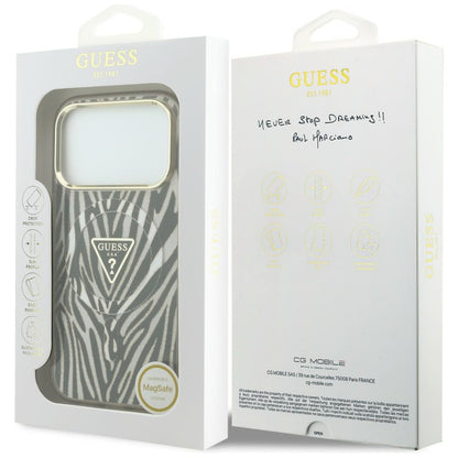 Capa MagSafe para Apple iPhone 18 Pro Max / 17 Pro Max, Guess, Logo Triângulo Glitter Zebra, Dourada