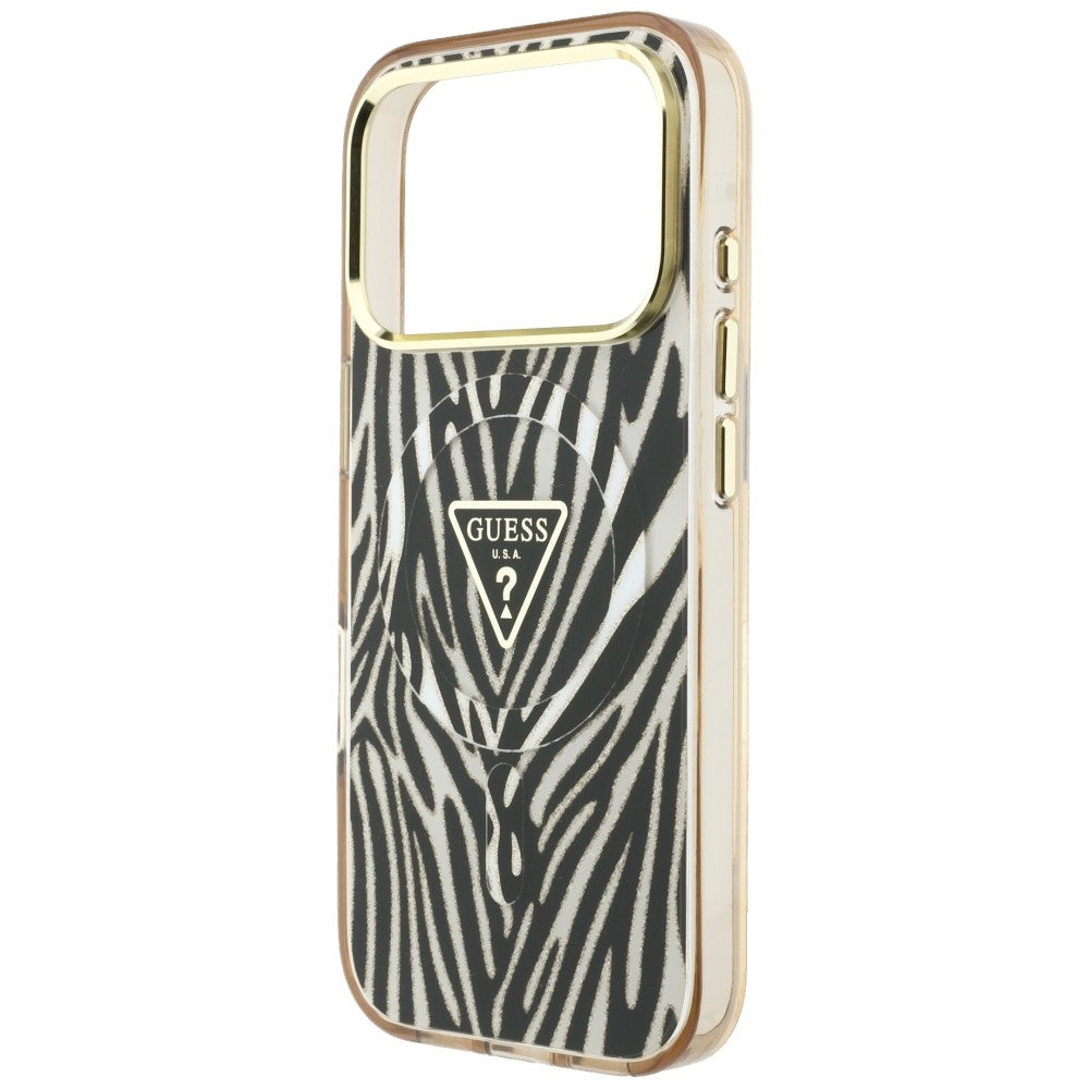 Capa MagSafe para Apple iPhone 18 Pro Max / 17 Pro Max, Guess, Logo Triângulo Glitter Zebra, Dourada