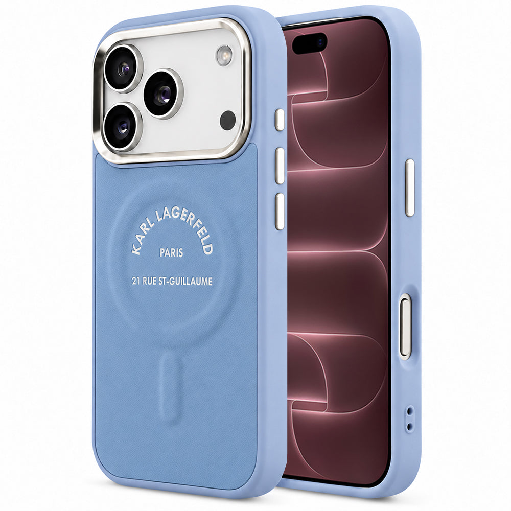 Capa MagSafe para Apple iPhone 18 Pro Max / 17 Pro Max, Karl Lagerfeld, Embossed Open Ring RSG Logo, Azul