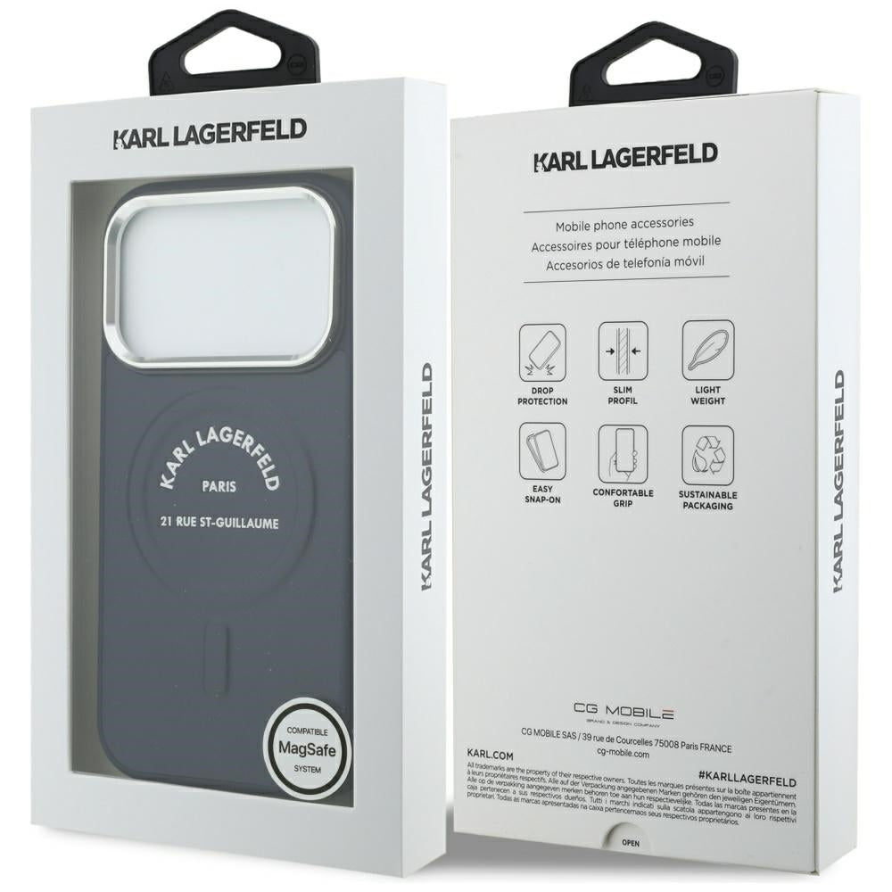 Capa MagSafe para Apple iPhone 18 Pro Max / 17 Pro Max, Karl Lagerfeld, Embossed Open Ring RSG Logo, Azul