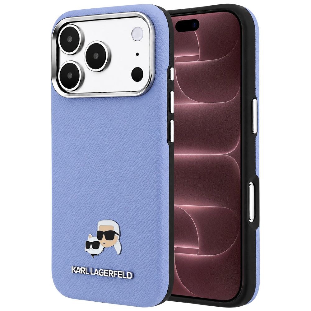 Capa MagSafe para Apple iPhone 18 Pro Max / 17 Pro Max, Karl Lagerfeld, Grained Karl & Choupette Head's Metal, Bleu