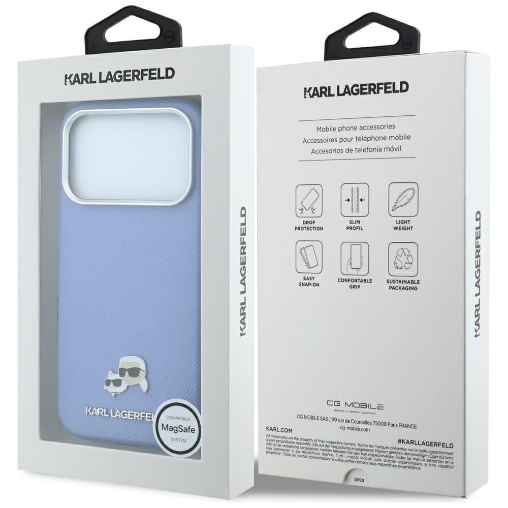 Capa MagSafe para Apple iPhone 18 Pro Max / 17 Pro Max, Karl Lagerfeld, Grained Karl & Choupette Head's Metal, Bleu