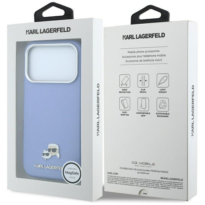 Capa MagSafe para Apple iPhone 18 Pro Max / 17 Pro Max, Karl Lagerfeld, Grained Karl & Choupette Head's Metal, Bleu