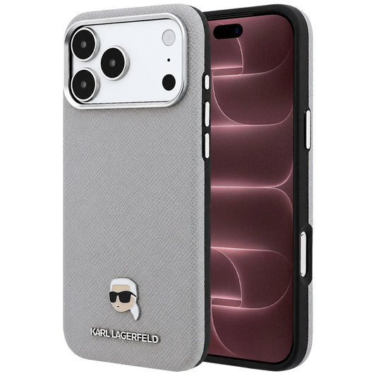 Capa MagSafe para Apple iPhone 18 Pro Max / 17 Pro Max, Karl Lagerfeld, Metal Texturizado Karl Head, Cinzento
